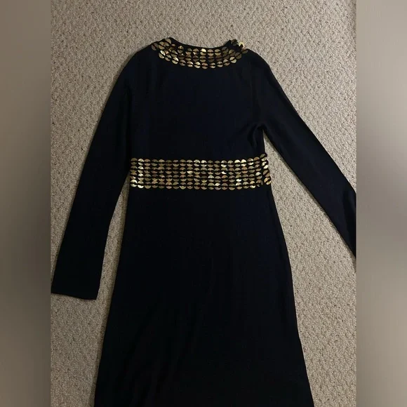 Tory Burch Navy Gold Pailette Fit & Flare Dress Sz Medium - Picture 2 of 5